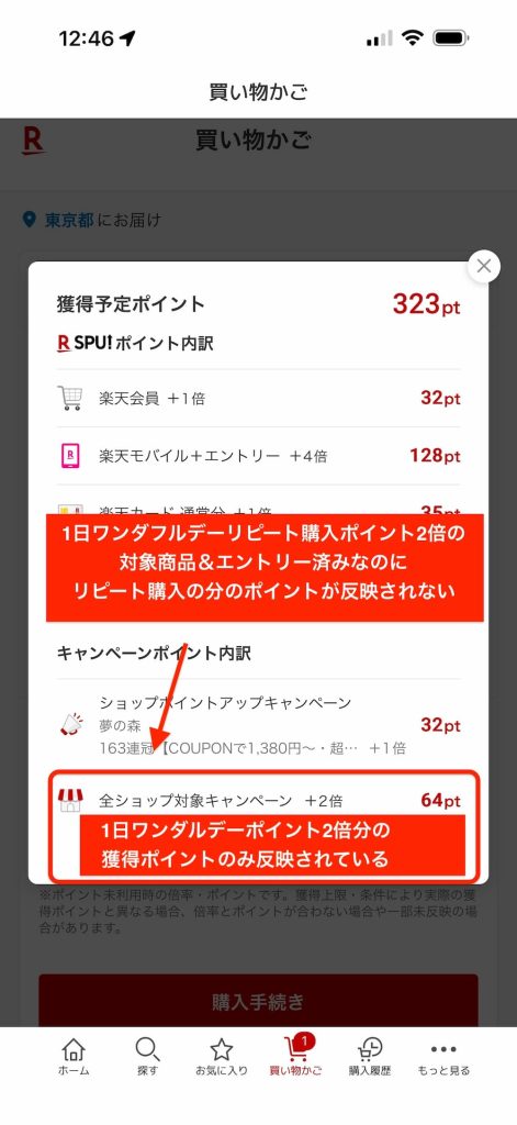 楽天1日ワンダフルデーでリピート購入ポイント2倍のポイントが反映されていない買い物かごの中