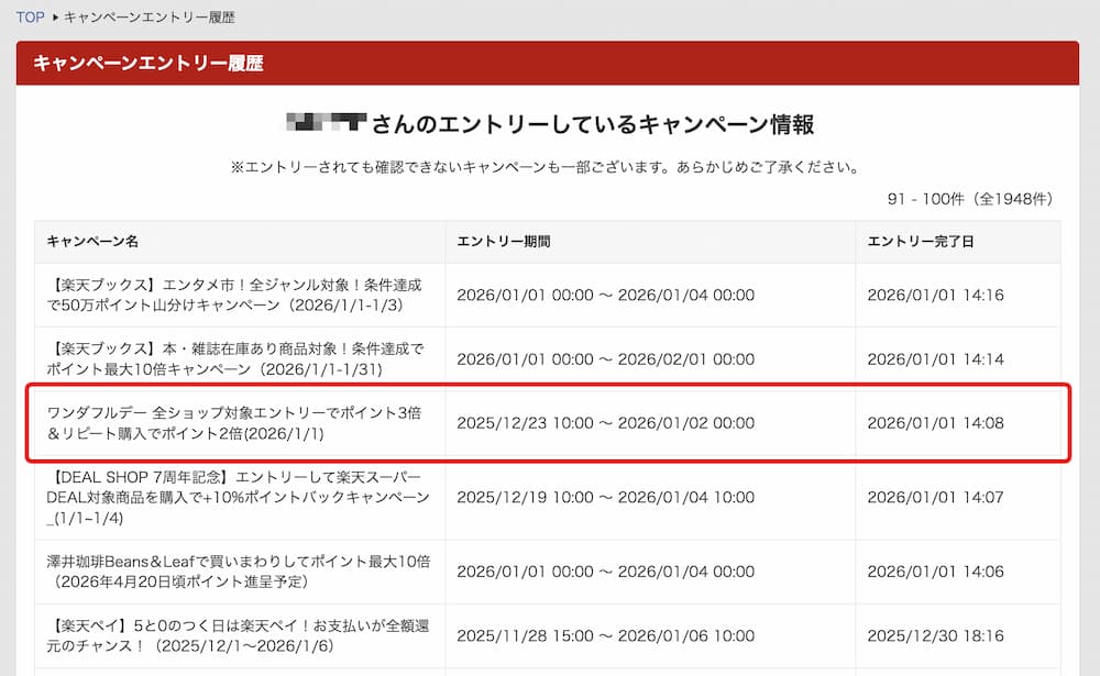 楽天キャンペーンエントリー履歴ページで1日ワンダフルデーのエントリー履歴が記録されている