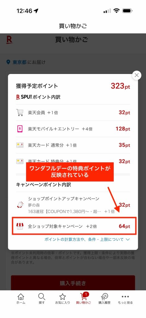 楽天1日ワンダフルデーでポイント2倍のポイントが反映されている買い物かごの中