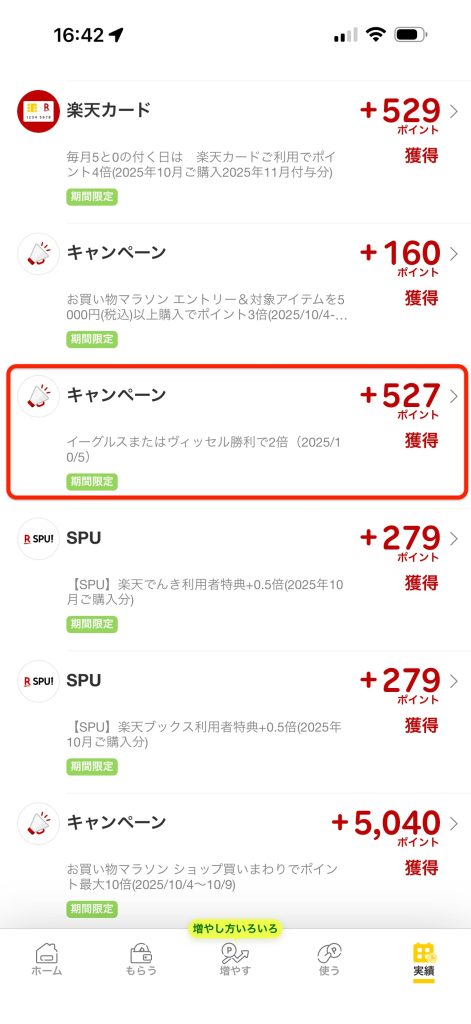 楽天勝ったら倍の獲得ポイント反映画面
